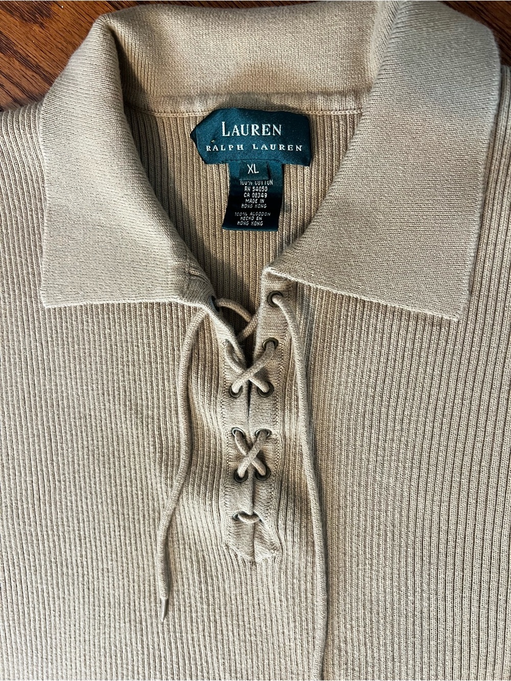 VTG Lauren Ralph Lauren Tan Ribbed Lace Up Sweater Sz XL